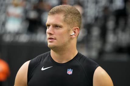 Sep 26, 2021; Paradise, Nevada, USA; Las Vegas Raiders defensive end Carl Nassib (94) wears airpods before the game against the Miami Dolphins at Allegiant Stadium. Mandatory Credit: Kirby Lee-USA TODAY Sports