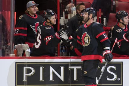 Sep 31, 2021; Ottawa, Ontario, CAN; Ottawa Senators left wing Austin Watson (16) celebrates his goal in the first period against the Montreal Canadiens at the Canadian Tire Centre. Mandatory Credit: Marc DesRosiers-USA TODAY Sports