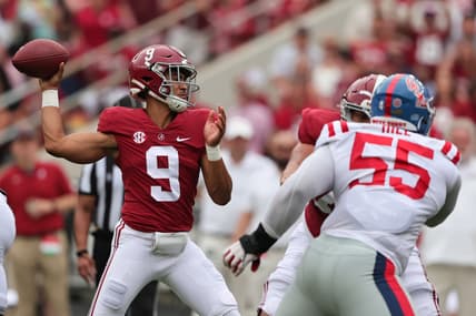 Oct 2, 2021; Tuscaloosa, Alabama, USA;  Alabama Crimson Tide quarterback Bryce Young (9) throws a pass during the first half of an NCAA college football game against the Mississippi Rebels at Bryant-Denny Stadium. Mandatory Credit: Butch Dill-USA TODAY Sports