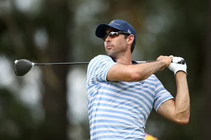 Oct 2, 2021; Jackson, Mississippi, USA; Cameron Tringale hits his tee shot on the 18th hole during the third round of the Sanderson Farms Championship at the Country Club of Jackson. Mandatory Credit: Chuck Cook-USA TODAY Sports