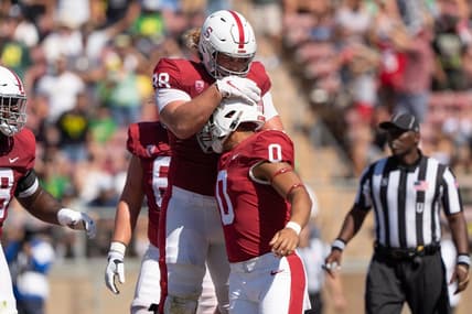 Oct 2, 2021; Stanford, California, USA; Stanford Cardinal tight end Tucker Fisk (88) celebrates with quarterback Isaiah Sanders (0) during the second quarter against the Oregon Ducks at Stanford Stadium. Mandatory Credit: Stan Szeto-USA TODAY Sports