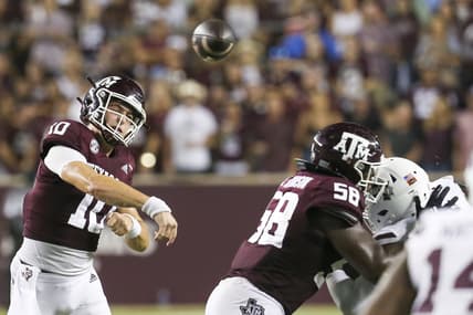 Oct 2, 2021; College Station, Texas, USA;  Texas A&M Aggies quarterback Zach Calzada (10) passes against the Mississippi State Bulldogs in the fourth quarter at Kyle Field. Mandatory Credit: Thomas Shea-USA TODAY Sports
