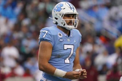 Oct 9, 2021; Chapel Hill, North Carolina, USA;  North Carolina Tar Heels quarterback Sam Howell (7) looks on during the game agains the Florida State Seminoles at Kenan Memorial Stadium. Mandatory Credit: James Guillory-USA TODAY Sports