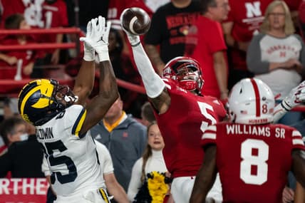 Oct 9, 2021; Lincoln, Nebraska, USA; Nebraska Cornhuskers cornerback Cam Taylor-Britt (5) breaks up a pass to Michigan Wolverines wide receiver Daylen Baldwin (85) during the second quarter at Memorial Stadium. Mandatory Credit: Dylan Widger-USA TODAY Sports