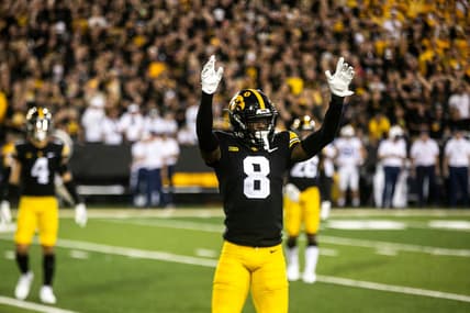 Iowa defensive back Matt Hankins (8) reacts during a NCAA Big Ten Conference football game against Penn State, Saturday, Oct. 9, 2021, at Kinnick Stadium in Iowa City, Iowa. Iowa beat Penn State, 23-20.

211009 Penn St Iowa Fb 080 Jpg