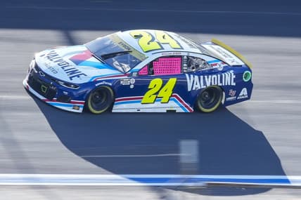 Oct 10, 2021; Concord, North Carolina, USA; NASCAR Cup Series driver William Byron (24) on the banking during the Bank of America Roval 400 at Charlotte Motor Speedway Road Course. Mandatory Credit: Jim Dedmon-USA TODAY Sports