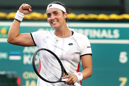 Ons Jabeur of Tunisia reacts after defeating Anett Kontaveit of Estonia during their quarterfinal match at the BNP Paribas Open in Indian Wells, Calif., on October 14, 2021.

Ons Jabeur Def Anett Kontaveit Bnp Paribas2141