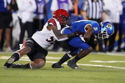 Oct 15, 2021; San Jose, California, USA; San Diego State Aztecs defensive lineman Sefo Mailangi (55) tackles San Jose State Spartans running back Shamar Garrett (24) for a loss during the second quarter at CEFCU Stadium. Mandatory Credit: Darren Yamashita-USA TODAY Sports
