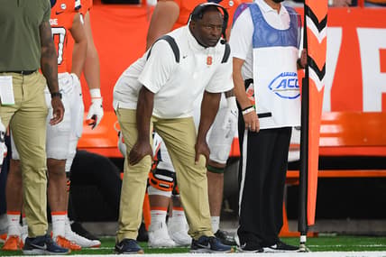 Oct 9, 2021; Syracuse, New York, USA; Syracuse Orange head coach Dino Babers looks on against the Wake Forest Demon Deacons during the second half at the Carrier Dome. Mandatory Credit: Rich Barnes-USA TODAY Sports