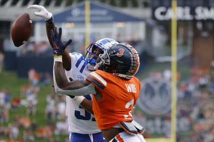 Oct 16, 2021; Charlottesville, Virginia, USA; Duke Blue Devils cornerback Josh Blackwell (31) breaks up a pass in the end zone intended for Virginia Cavaliers wide receiver Dontayvion Wicks (3) during the first quarter at Scott Stadium. Mandatory Credit: Geoff Burke-USA TODAY Sports