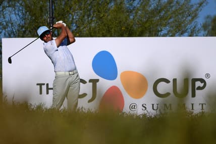 Oct 16, 2021; Las Vegas, Nevada, USA; Rickie Fowler tees off on the 15th hole during the third round of the CJ Cup golf tournament. Mandatory Credit: Joe Camporeale-USA TODAY Sports