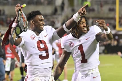 Oct 16, 2021; Starkville, Mississippi, USA; Alabama Crimson Tide defensive back Jordan Battle (9) and defensive back Kool-Aid McKinstry (1) react after defeating the Mississippi State Bulldogs at Davis Wade Stadium at Scott Field. Mandatory Credit: Matt Bush-USA TODAY Sports