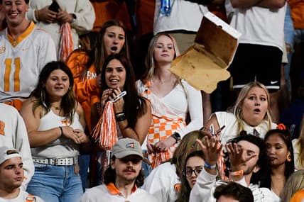 A pizza box is thrown onto the field from the stands after it was ruled that Jacob Warren was a yard short of the first down marker on a 4th and 24 play during an SEC football game between Tennessee and Ole Miss at Neyland Stadium in Knoxville, Tenn. on Saturday, Oct. 16, 2021. Tennessee fans littered the Neyland Stadium field with debris for several minutes following Ole Miss' game-clinching defensive stop with 54 seconds to play.

Kns Tennessee Ole Miss Football