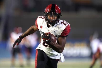 Oct 15, 2021; San Jose, California, USA; San Diego State Aztecs running back Greg Bell (22) warms up before the game against the San Jose State Spartans at CEFCU Stadium. Mandatory Credit: Darren Yamashita-USA TODAY Sports