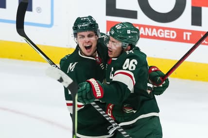 Oct 19, 2021; Saint Paul, Minnesota, USA; Minnesota Wild center Joel Eriksson Ek (14) celebrates with defenseman Jared Spurgeon (46) after scoring a goal against the Winnipeg Jets in the third period at Xcel Energy Center. Mandatory Credit: David Berding-USA TODAY Sports