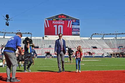Oct 23, 2021; Oxford, Mississippi, USA; Eli Manning with his family prior to the game between the Mississippi Rebels and the LSU Tigers at Vaught-Hemingway Stadium. Mandatory Credit: Justin Ford-USA TODAY Sports
