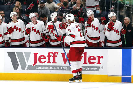 Oct 23, 2021; Columbus, Ohio, USA; Carolina Hurricanes center Jordan Staal (11) celebrates a goal against the Columbus Blue Jackets during the second period at Nationwide Arena. Mandatory Credit: Russell LaBounty-USA TODAY Sports