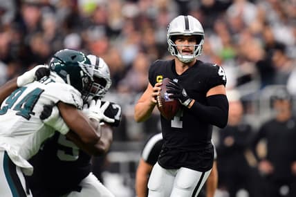 Oct 24, 2021; Paradise, Nevada, USA; Las Vegas Raiders quarterback Derek Carr (4) drops back to pass against the Philadelphia Eagles during the first half at Allegiant Stadium. Mandatory Credit: Gary A. Vasquez-USA TODAY Sports