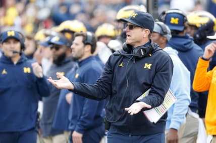 Oct 23, 2021; Ann Arbor, Michigan, USA;  Michigan Wolverines head coach Jim Harbaugh reacts against the Northwestern Wildcats at Michigan Stadium. Mandatory Credit: Rick Osentoski-USA TODAY Sports