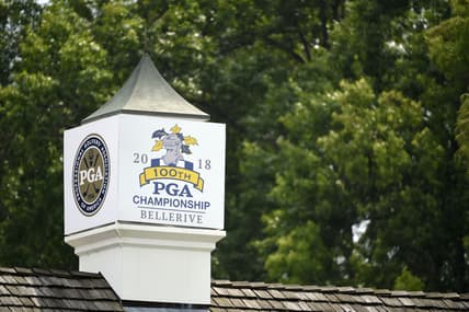 Aug 8, 2018; St. Louis, MO, USA; General view of the spire atop the roof along the practice putting range during Wednesday's practice round of the PGA Championship golf tournament at Bellerive Country Club. Mandatory Credit: John David Mercer-USA TODAY Sports