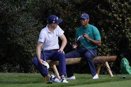 Nov 9, 2020; Augusta, Georgia, USA; Justin Thomas (left) and Tiger Woods wait to hit on the 15th tee during a practice round for The Masters golf tournament at Augusta National GC. Mandatory Credit: Michael Madrid-USA TODAY Sports