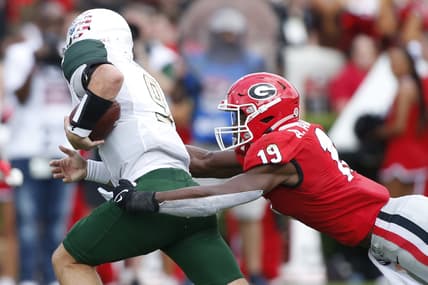 Sep 11, 2021; Athens, Georgia, USA; Georgia Bulldogs outside linebacker Adam Anderson (19) tackles UAB Blazers quarterback Dylan Hopkins (9) during the first half at Sanford Stadium. Mandatory Credit: Joshua L. Jones/Athens Banner-Herald via USA TODAY NETWORK