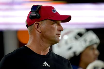 Sep 11, 2021; Fresno, California, USA; Fresno State Bulldogs head coach Kalen Deboer looks on from the sideline against the Cal Poly Mustangs in the third quarter at Bulldog Stadium. Mandatory Credit: Cary Edmondson-USA TODAY Sports