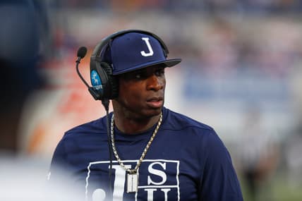 Sep 11, 2021; Memphis, TN, USA; Jackson State head coach Deion Sanders walks up and down the sideline in the Southern Heritage Classic between Tennessee State University and Jackson State University at Liberty Bowl Memorial Stadium in Memphis, Tenn., on Saturday, Sept. 11, 2021.  Mandatory Credit: Henry Taylor-USA TODAY Sports