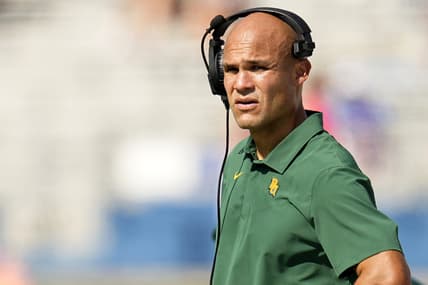 Sep 18, 2021; Lawrence, Kansas, USA; Baylor Bears head coach Dave Aranda looks on during the first half against the Kansas Jayhawks at David Booth Kansas Memorial Stadium. Mandatory Credit: Jay Biggerstaff-USA TODAY Sports