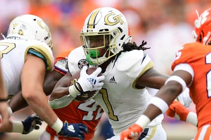 Sep 18, 2021; Clemson, South Carolina, USA; Georgia Tech Yellow Jackets running back Jahmyr Gibbs (1) carries the ball against the Clemson Tigers during the second quarter at Memorial Stadium. Mandatory Credit: Adam Hagy-USA TODAY Sports