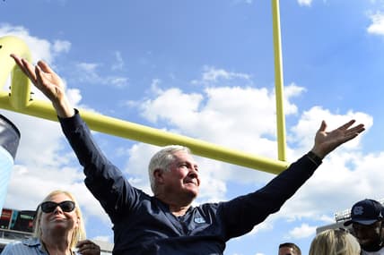 Oct 2, 2021; Chapel Hill, North Carolina, USA;  North Carolina Tar Heels head coach Mack Brown reacts after the game at Kenan Memorial Stadium. Mandatory Credit: Bob Donnan-USA TODAY Sports