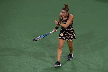 Oct 9, 2021; Indian Wells, CA, USA; Maria Sakkari (GRE) reacts after losing a point against Viktorija Golubic (SUI) at Indian Wells Tennis Garden. Mandatory Credit: Orlando Ramirez-USA TODAY Sports