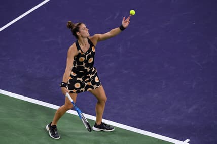 Oct 9, 2021; Indian Wells, CA, USA; Maria Sakkari (GRE) serves against Viktorija Golubic (SUI) at Indian Wells Tennis Garden. Mandatory Credit: Orlando Ramirez-USA TODAY Sports