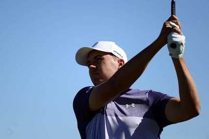 Oct 14, 2021; Las Vegas, Nevada, USA; Jordan Spieth tees off on the seventh during the first round of the CJ Cup golf tournament. Mandatory Credit: Joe Camporeale-USA TODAY Sports