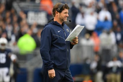 Oct 23, 2021; University Park, Pennsylvania, USA; Penn State Nittany Lions defensive coordinator Brent Pry looks on against the Illinois Fighting Illini during overtime at Beaver Stadium. Mandatory Credit: Rich Barnes-USA TODAY Sports