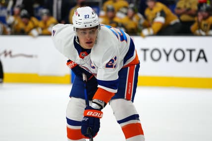 Oct 24, 2021; Las Vegas, Nevada, USA;  New York Islanders center Anders Lee (27) during the game against the Vegas Golden Knights at T-Mobile Arena. Mandatory Credit: Kirby Lee-USA TODAY Sports