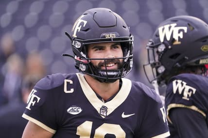 Oct 30, 2021; Winston-Salem, North Carolina, USA; Wake Forest Demon Deacons quarterback Sam Hartman (10) smiles before the game against the Duke Blue Devils at Truist Field. Mandatory Credit: James Guillory-USA TODAY Sports