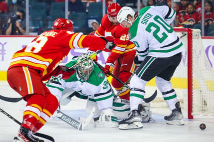 Nov 4, 2021; Calgary, Alberta, CAN; Dallas Stars goaltender Anton Khudobin (35) guards his net against the Calgary Flames during the first period at Scotiabank Saddledome. Mandatory Credit: Sergei Belski-USA TODAY Sports