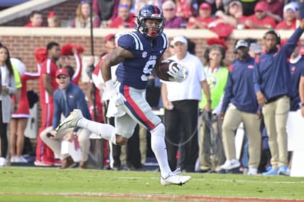 Nov 6, 2021; Oxford, Mississippi, USA;  Mississippi Rebels running back Jerrion Ealy (9) runs the ball against the Liberty Flames during a play that would result in a touchdown in the first quarter at Vaught-Hemingway Stadium. Mandatory Credit: Matt Bush-USA TODAY Sports