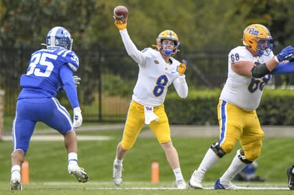 Nov 6, 2021; Durham, North Carolina, USA; Pittsburgh Panthers quarterback Kenny Pickett (8) throws downfield  during the second quarter against the Duke Blue Devils at Wallace Wade Stadium. Mandatory Credit: William Howard-USA TODAY Sports