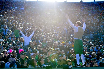 Nov 6, 2021; South Bend, Indiana, USA; The Notre Dame Leprechaun exhorts the crowd in the first quarter of the game between the Notre Dame Fighting Irish and the Navy Midshipmen at Notre Dame Stadium. Mandatory Credit: Matt Cashore-USA TODAY Sports
