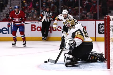 Nov 6, 2021; Montreal, Quebec, CAN; Vegas Golden Knights goaltender Robin Lehner (90) makes a save against Montreal Canadiens during the first period at Bell Centre. Mandatory Credit: Jean-Yves Ahern-USA TODAY Sports