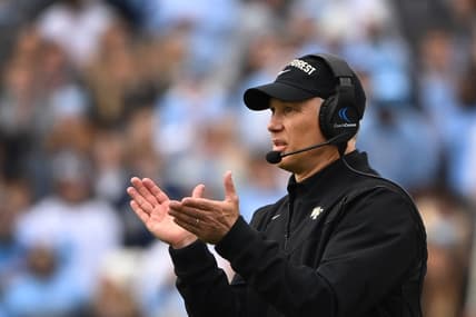 Nov 6, 2021; Chapel Hill, North Carolina, USA; Wake Forest Demon Deacons head coach Dave Clawson reacts in the third quarter at Kenan Memorial Stadium. Mandatory Credit: Bob Donnan-USA TODAY Sports