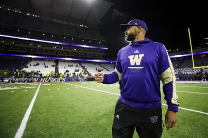 Nov 6, 2021; Seattle, Washington, USA; Washington Huskies head coach Jimmy Lake signals for his players to go to the locker room following a 26-16 loss against the Oregon Ducks at Alaska Airlines Field at Husky Stadium. Mandatory Credit: Joe Nicholson-USA TODAY Sports