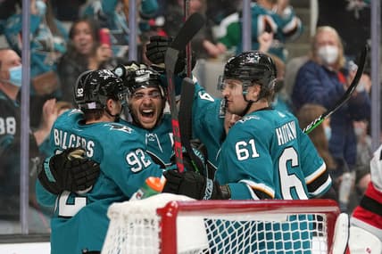 Nov 6, 2021; San Jose, California, USA; San Jose Sharks players celebrate after a goal by left wing Rudolfs Balcers (92) during the second period against the New Jersey Devils at SAP Center at San Jose. Mandatory Credit: Darren Yamashita-USA TODAY Sports