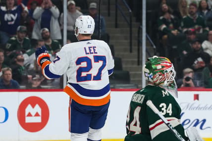Nov 7, 2021; Saint Paul, Minnesota, USA; New York Islanders left wing Anders Lee (27) celebrates after scoring a goal against Minnesota Wild goaltender Kaapo Kahkonen (34) in the first period at Xcel Energy Center. Mandatory Credit: David Berding-USA TODAY Sports