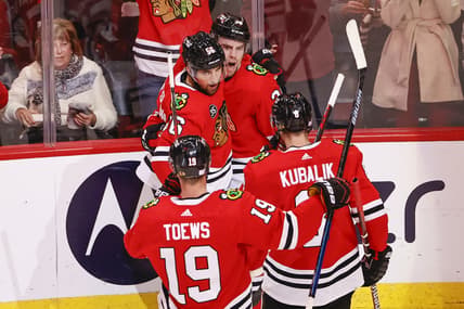 Nov 7, 2021; Chicago, Illinois, USA; Chicago Blackhawks left wing Brandon Hagel (38) celebrates with teammates after scoring against the Nashville Predators during the second period at United Center. Mandatory Credit: Kamil Krzaczynski-USA TODAY Sports