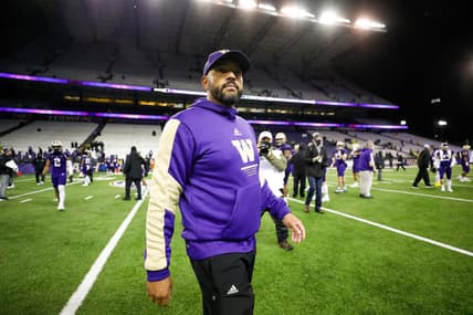 Nov 6, 2021; Seattle, Washington, USA; Washington Huskies head coach Jimmy Lake signals for his players to go to the locker room following a 26-16 loss against the Oregon Ducks at Alaska Airlines Field at Husky Stadium. Mandatory Credit: Joe Nicholson-USA TODAY Sports