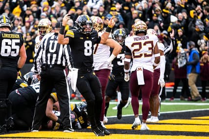 Iowa quarterback Alex Padilla (8) celebrates after scoring a touchdown during a NCAA Big Ten Conference football game against Minnesota, Saturday, Nov. 13, 2021, at Kinnick Stadium in Iowa City, Iowa.

211113 Minn Iowa Fb 019 Jpg