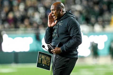 Michigan State's head coach Mel Tucker calls out to players during the fourth quarter in the game against Maryland on Saturday, Nov. 13, 2021, at Spartan Stadium in East Lansing.

211113 Msu Maryland 160a